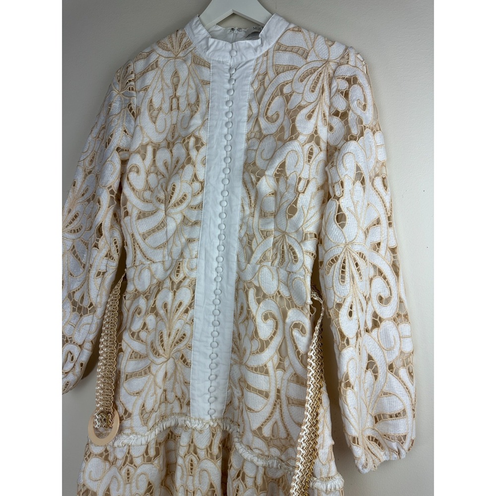 Mulla Embroidery Floral Lace Mock Neck Long Sleeve Mini Dress Ivory Belted Small - Picture 5 of 14